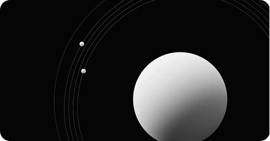 Silver sphere surrounded by delicate orbital lines on a black background