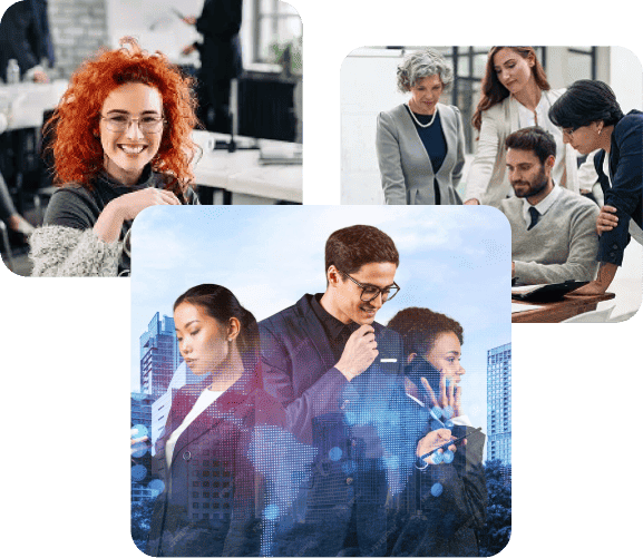 Collage of the TCI team collaborating in the office and across the city