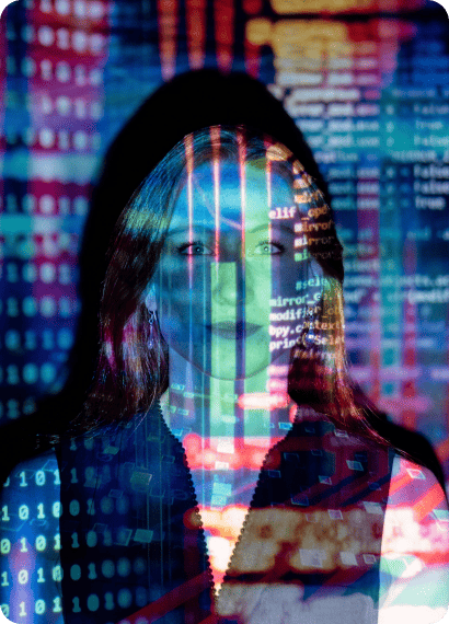 Portrait of a woman with lines of code projected on her face