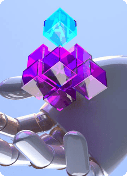Robotic hand holding glowing glass cubes