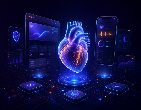 Illustration of a glowing heart surrounded by health dashboards