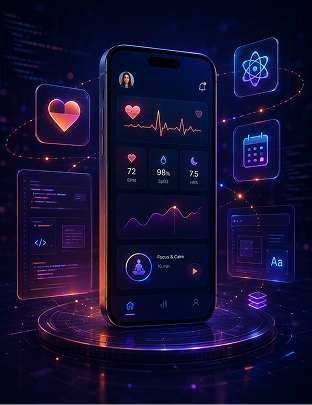 Mobile health app interface surrounded by floating UI elements