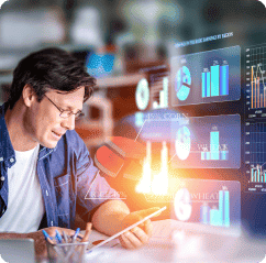 Man using a tablet surrounded by floating data charts