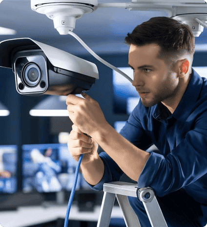 Technician installing a security camera